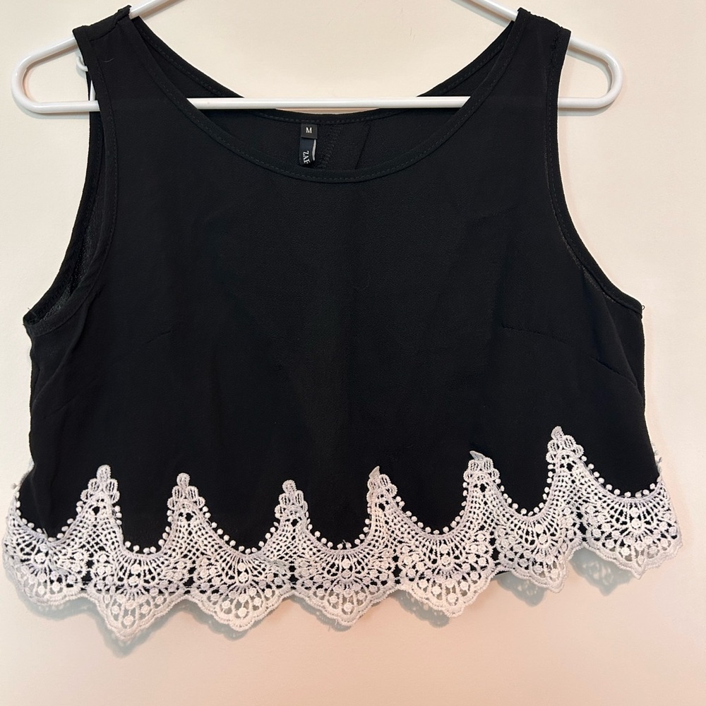 Cropped black tank and shorts set with white crochet detail